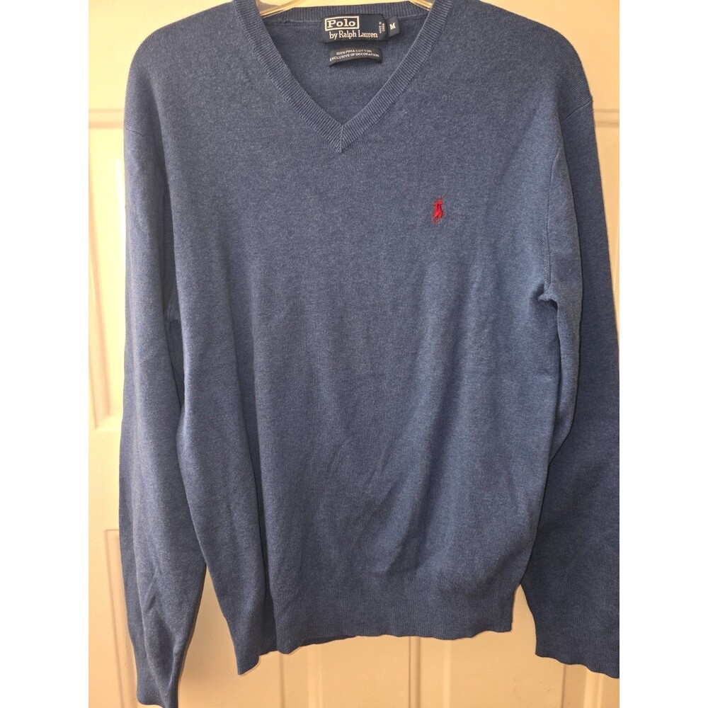 Polo By Ralph Lauren V Neck Pullover Sweater Men's Size M Blue 100% Pima